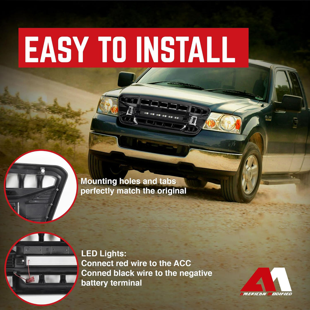 AMERICAN MODIFIED Front Grille Compatible with 2004-2008 Ford F150, Glossy Black