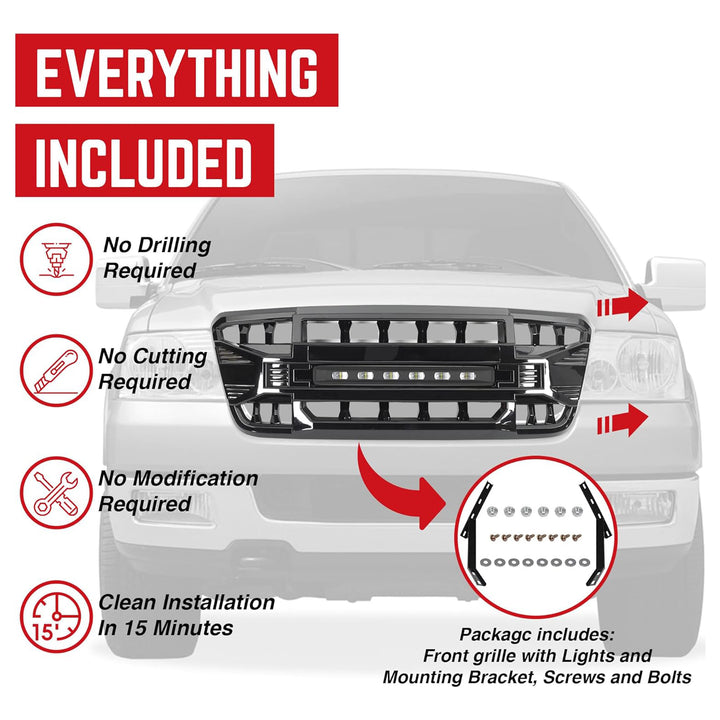 AMERICAN MODIFIED Front Grille Compatible with 2004-2008 Ford F150, Glossy Black