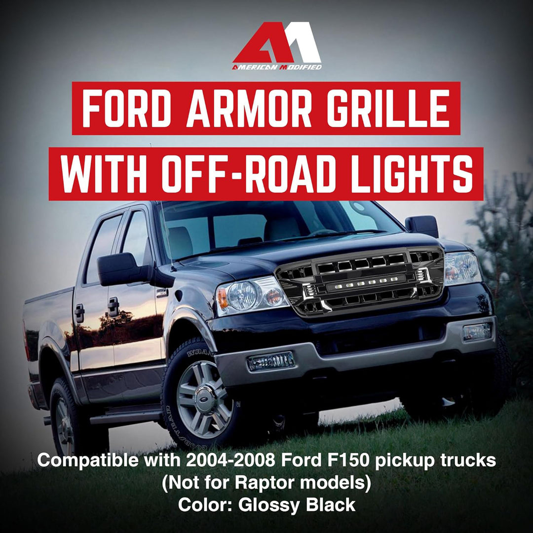 AMERICAN MODIFIED Front Grille Compatible with 2004-2008 Ford F150, Glossy Black