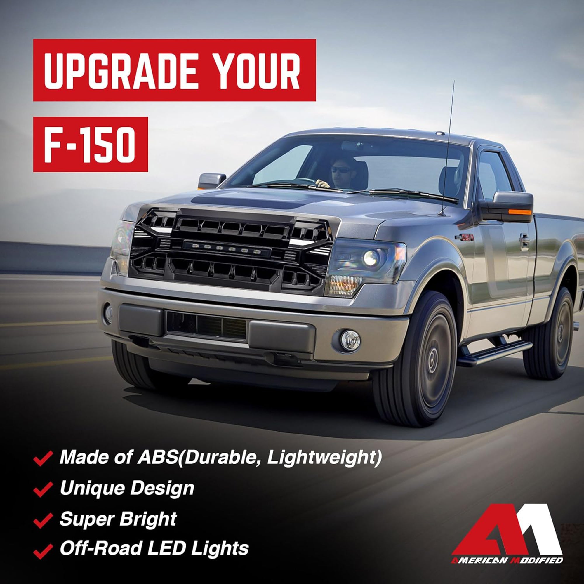 AMERICAN MODIFIED Front Armor Grille Compatible w/ 09-14 Ford F150, Glossy Black - VMInnovations