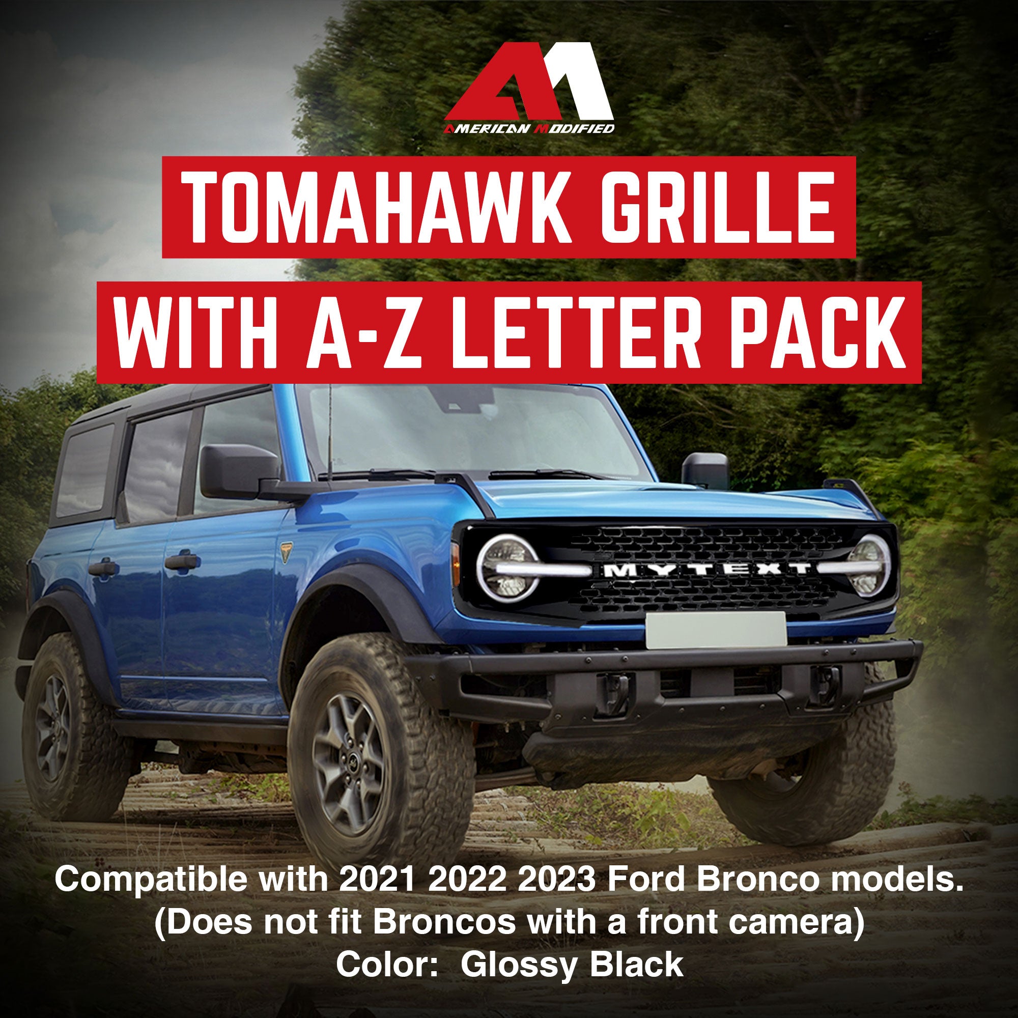 AMERICAN MODIFIED Armor Grille w/DIY Letters for 21-23 Ford Bronco, Glossy Black - VMInnovations