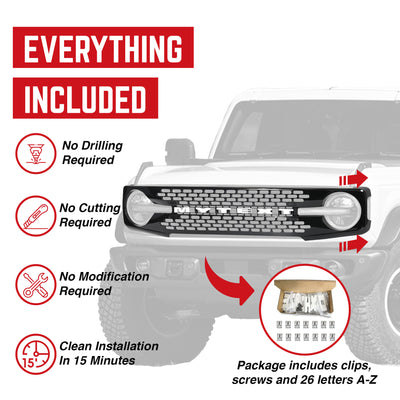 AMERICAN MODIFIED Armor Grille w/DIY Letters for 21-23 Ford Bronco, Glossy Black - VMInnovations
