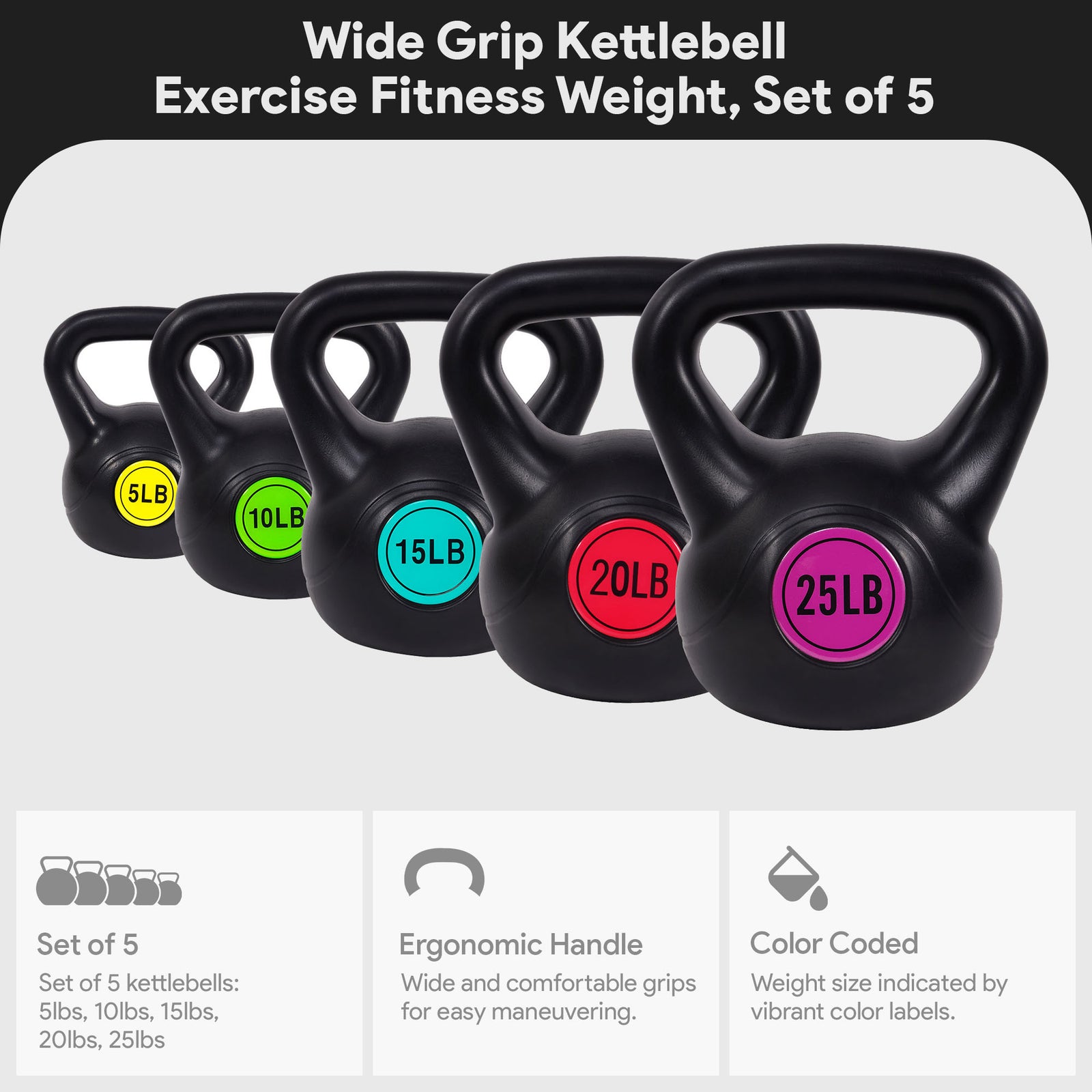 Sporzon! Wide Grip Kettle Bell Strength Training Weight Set, 5, 10, 15, 20, 25lb - VMInnovations