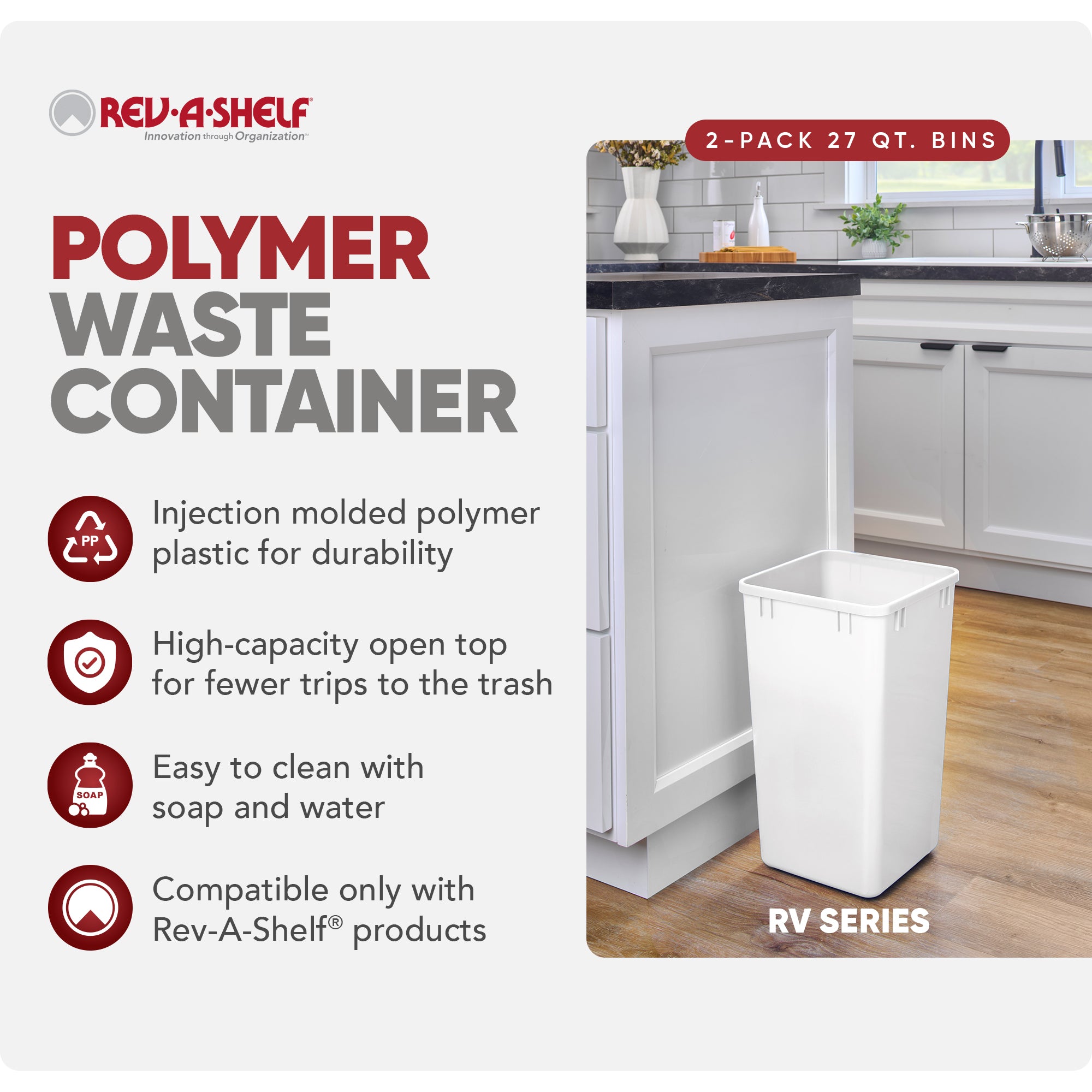 Rev-A-Shelf Polymer Replacement 27 qt. Trash Bin, White, 2 Pack, RV-1024-11-2 - VMInnovations