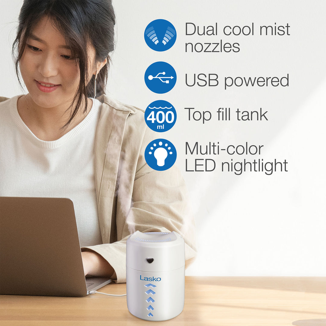 Lasko Ultrasonic Cool Mist Humidifier 0.4L, Home Water Vaporizer, White (Used)