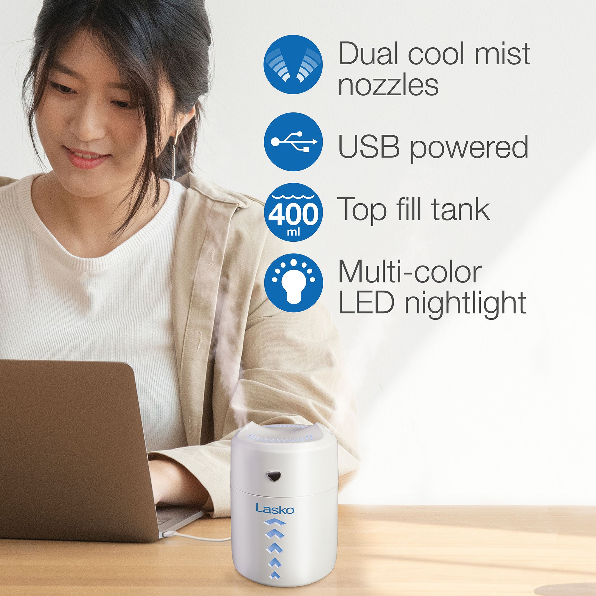 Lasko Ultrasonic Cool Mist Humidifier 0.4L, Water Vaporizer, White (Open Box)