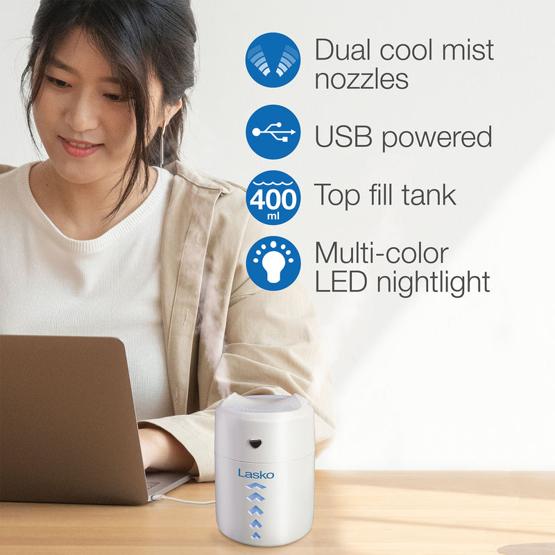 Lasko Ultrasonic Cool Mist Personal Humidifier 0.4L, Home Water Vaporizer, White