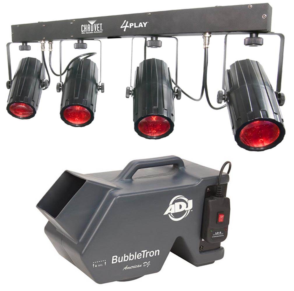 NEW! CHAUVET 4PLAY LED DMX Novelty Light Beam Bar System +ADJ BubbleTron Machine