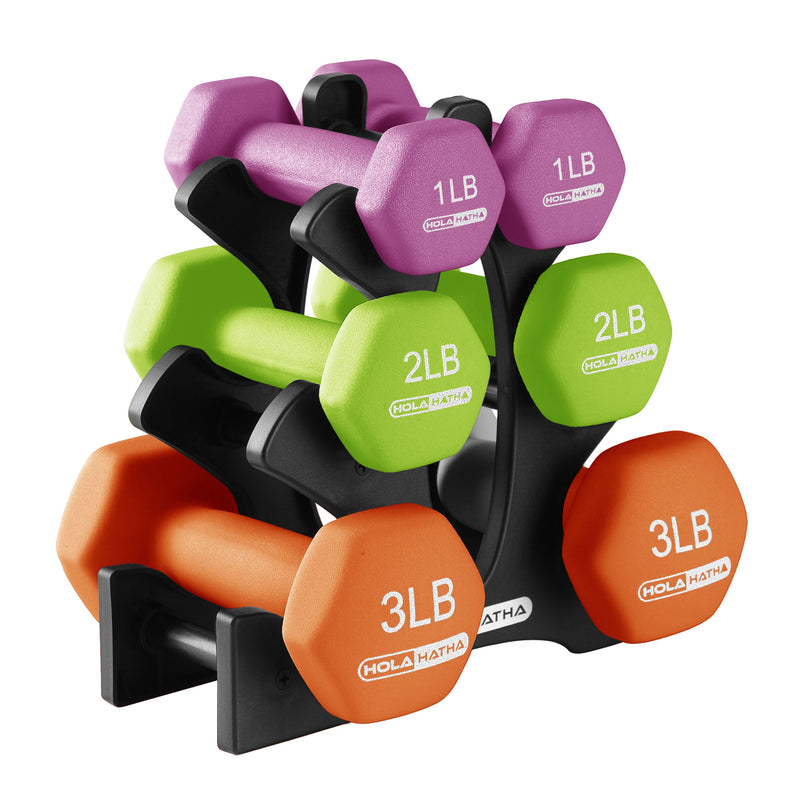 HolaHatha 1, 2 & 3lb Neoprene Dumbbell Strength Weight Set w/Rack (Open Box)