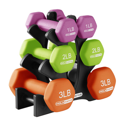 HolaHatha 1, 2 & 3lb Neoprene Dumbbell Strength Weight Set w/Rack (Open Box) - VMInnovations