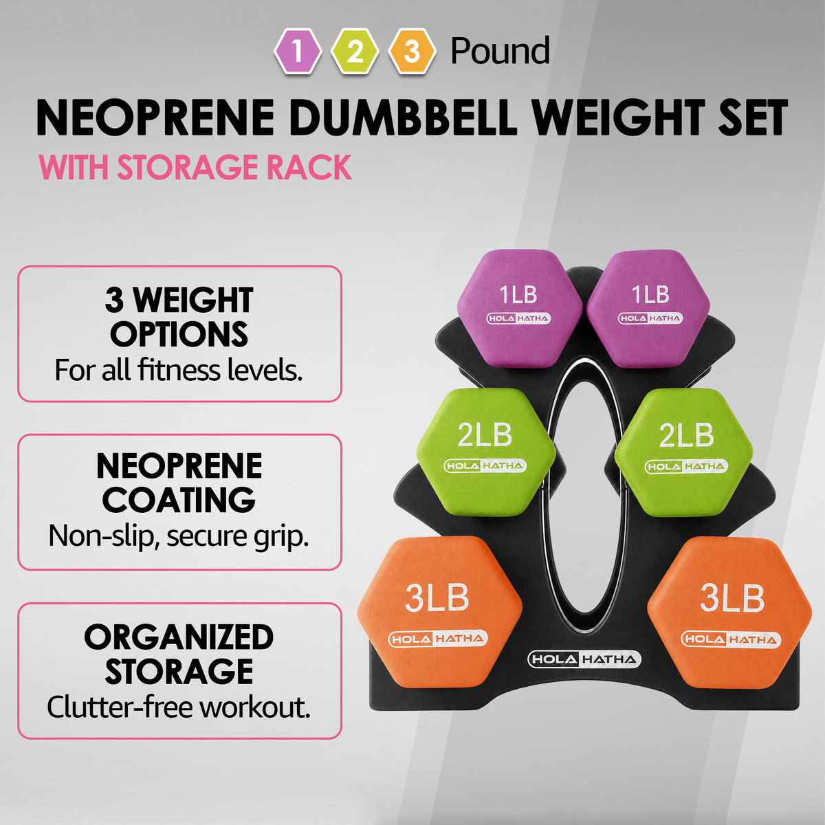 HolaHatha 1, 2 and 3 lb Neoprene Dumbbell Strength Training Weight Set with Rack