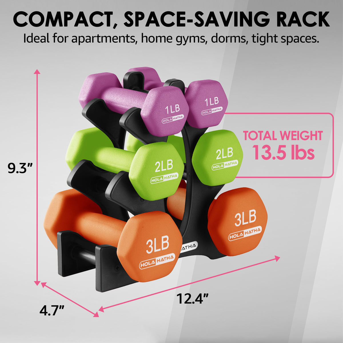 HolaHatha 1, 2 and 3 lb Neoprene Dumbbell Strength Training Weight Set with Rack