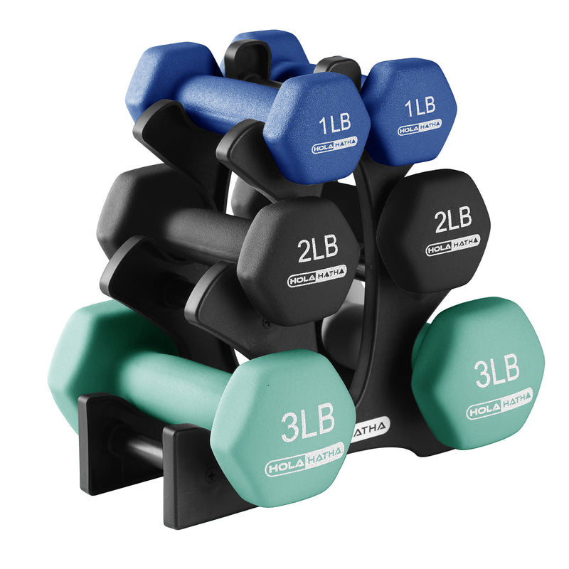 HolaHatha 1, 2 and 3 lb Neoprene Dumbbell Strength Training Weight Set with Rack