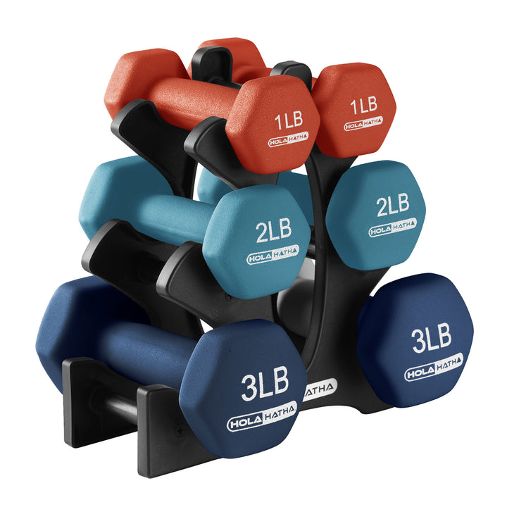 HolaHatha 1, 2 and 3 lb Neoprene Dumbbell Strength Training Weight Set with Rack