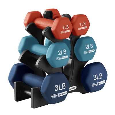 HolaHatha 1, 2 & 3 lb Neoprene Dumbbell Training Weight Set with Rack (Open Box) - VMInnovations