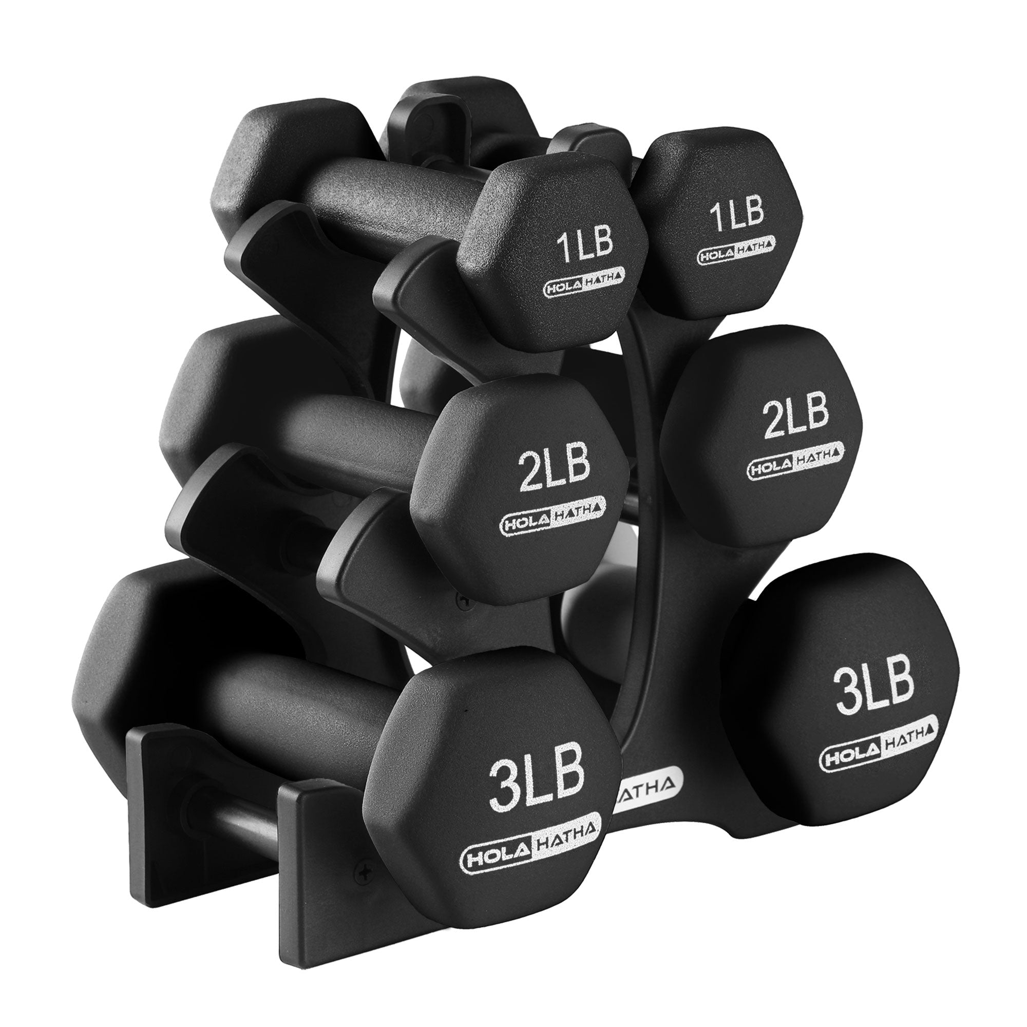 HolaHatha 1, 2 and 3 lb Neoprene Dumbbell Strength Training Weight Set with Rack - VMInnovations