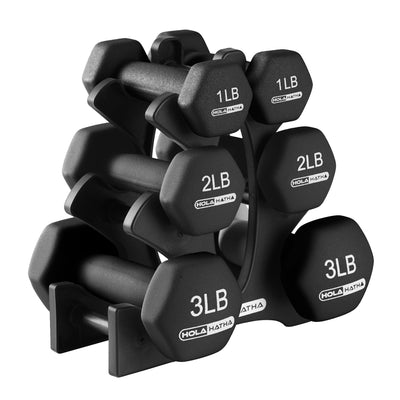 HolaHatha 1, 2 and 3 lb Neoprene Dumbbell Strength Training Weight Set with Rack - VMInnovations