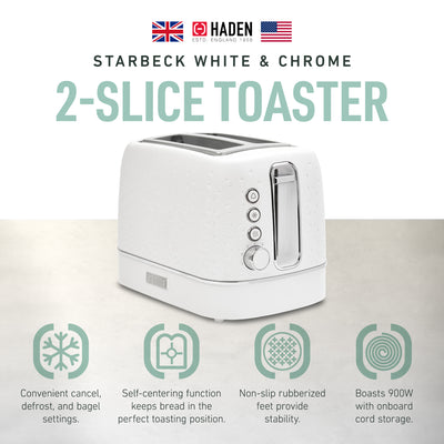 Haden Starbeck 2 Slice Wide Slot Stainless Steel Toaster, White & Chrome