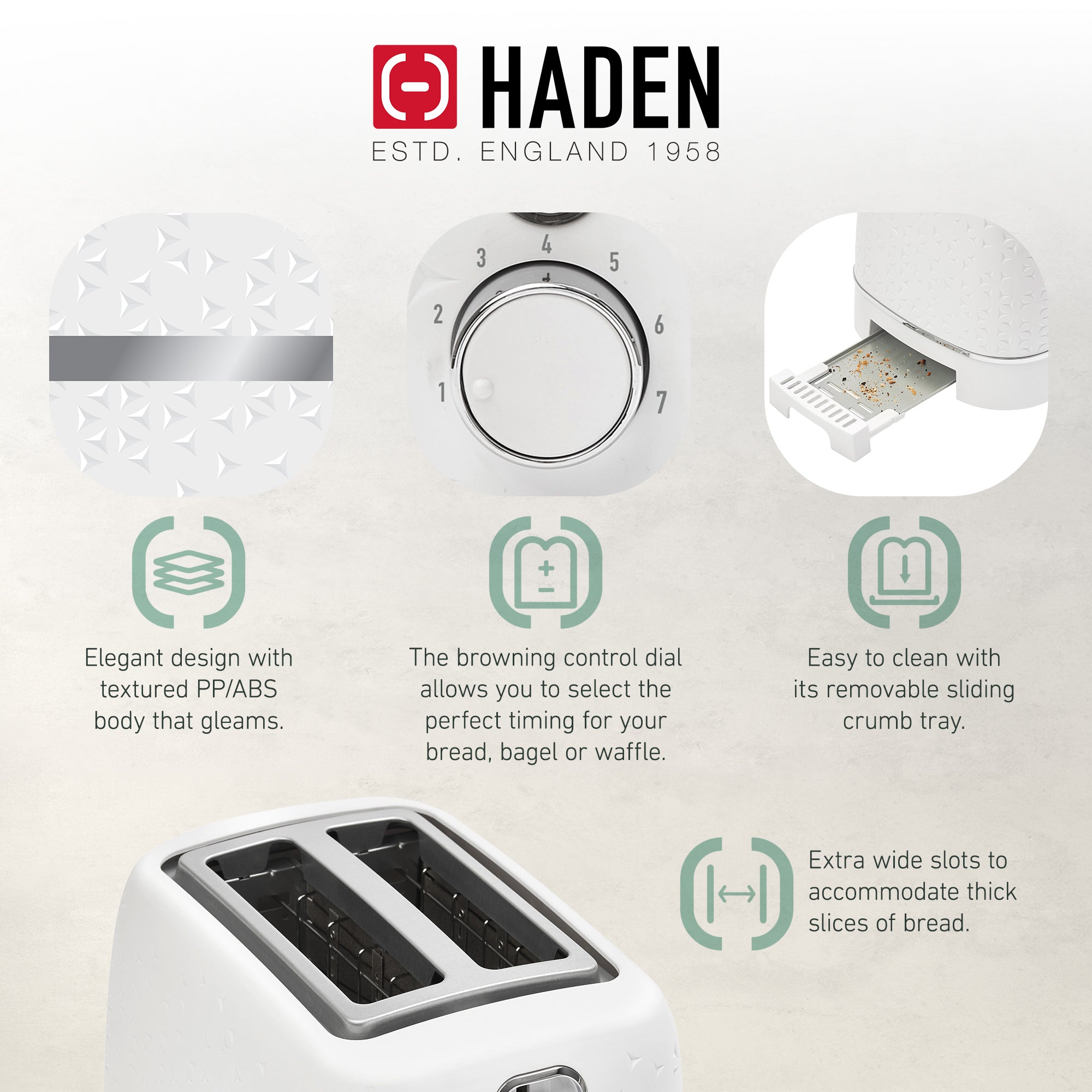 Haden Starbeck 2 Slice Wide Slot Stainless Steel Toaster, White & Chrome