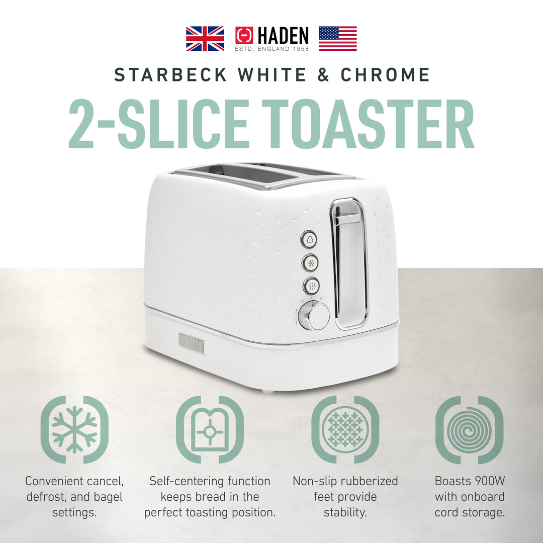 Haden 2 Slice Wide Slot Stainless Steel Toaster, White & Chrome(Open Box)