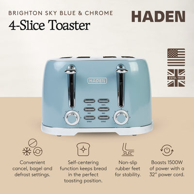 Haden Stainless Steel 4 Slice Toaster with Extra Wide Slots, Sky Blue (Open Box) - VMInnovations