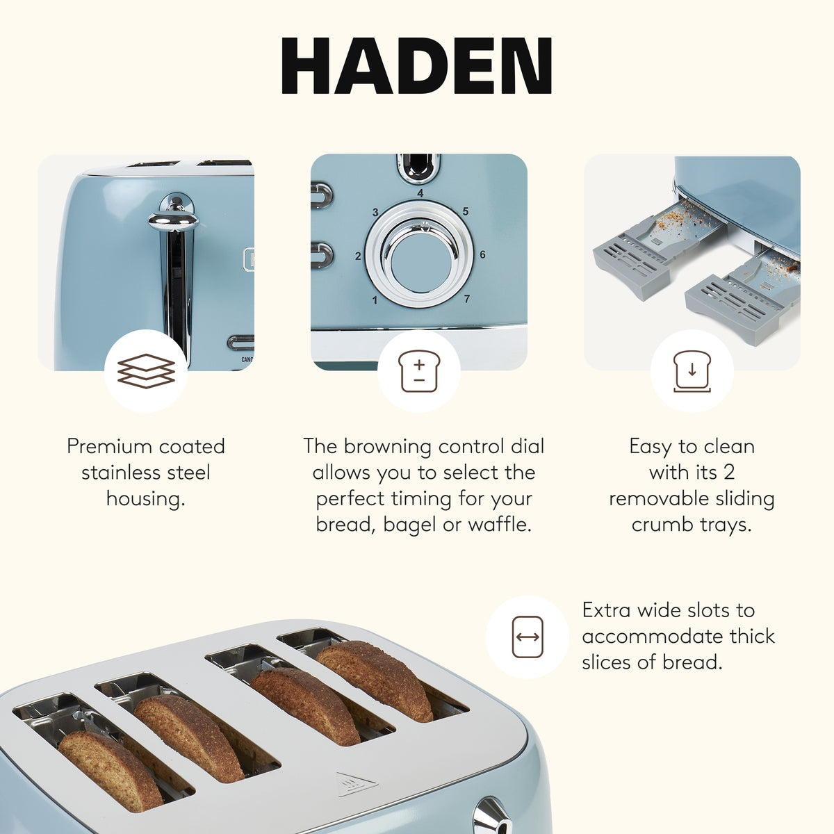 Haden Brighton Stainless Steel 4 Slice Toaster with Extra Wide Slots, Sky Blue