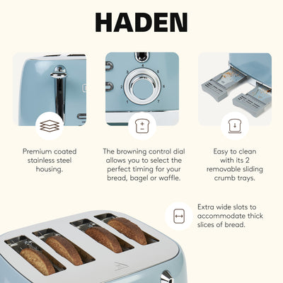 Haden Stainless Steel 4 Slice Toaster with Extra Wide Slots, Sky Blue (Open Box) - VMInnovations