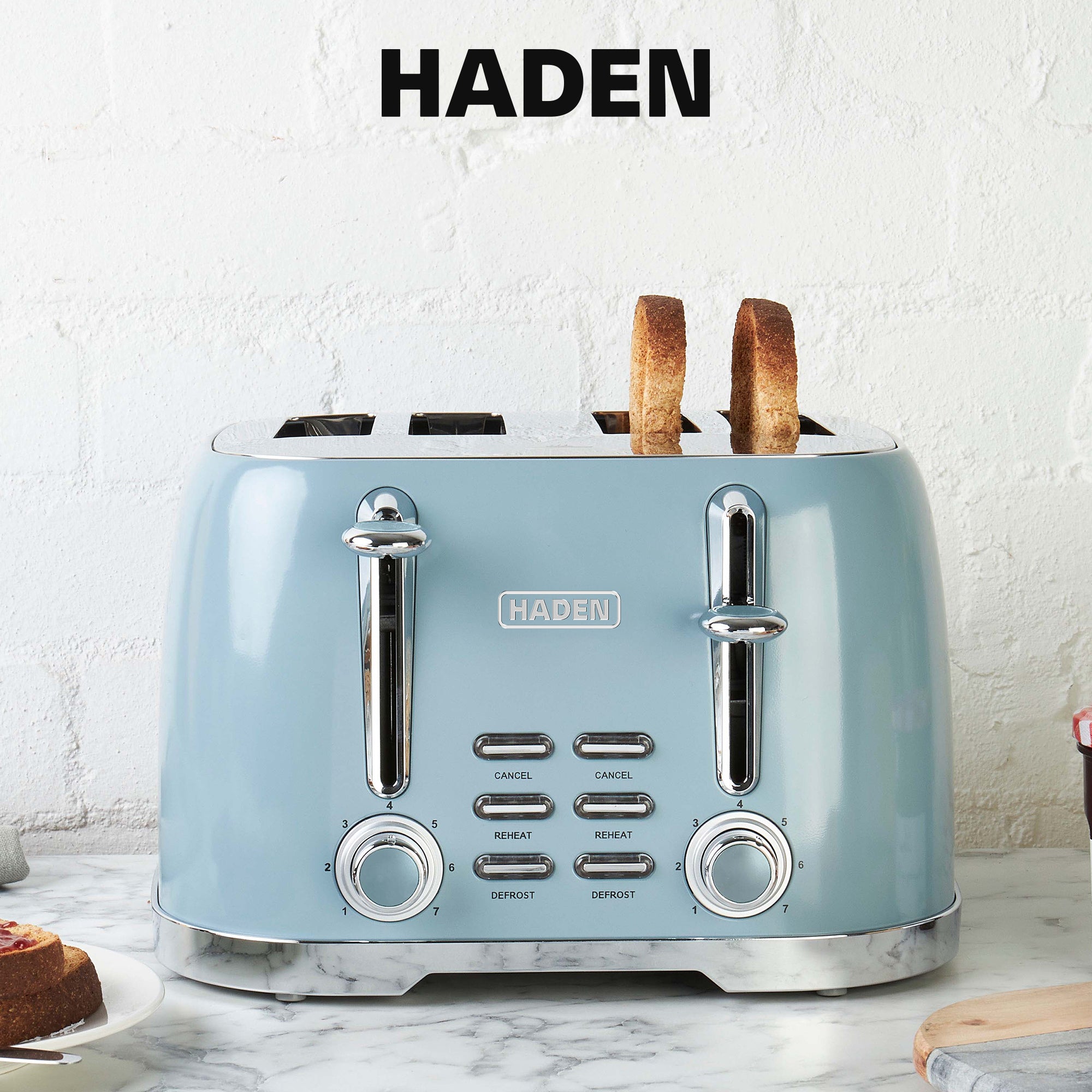 Haden Stainless Steel 4 Slice Toaster with Extra Wide Slots, Sky Blue (Open Box) - VMInnovations