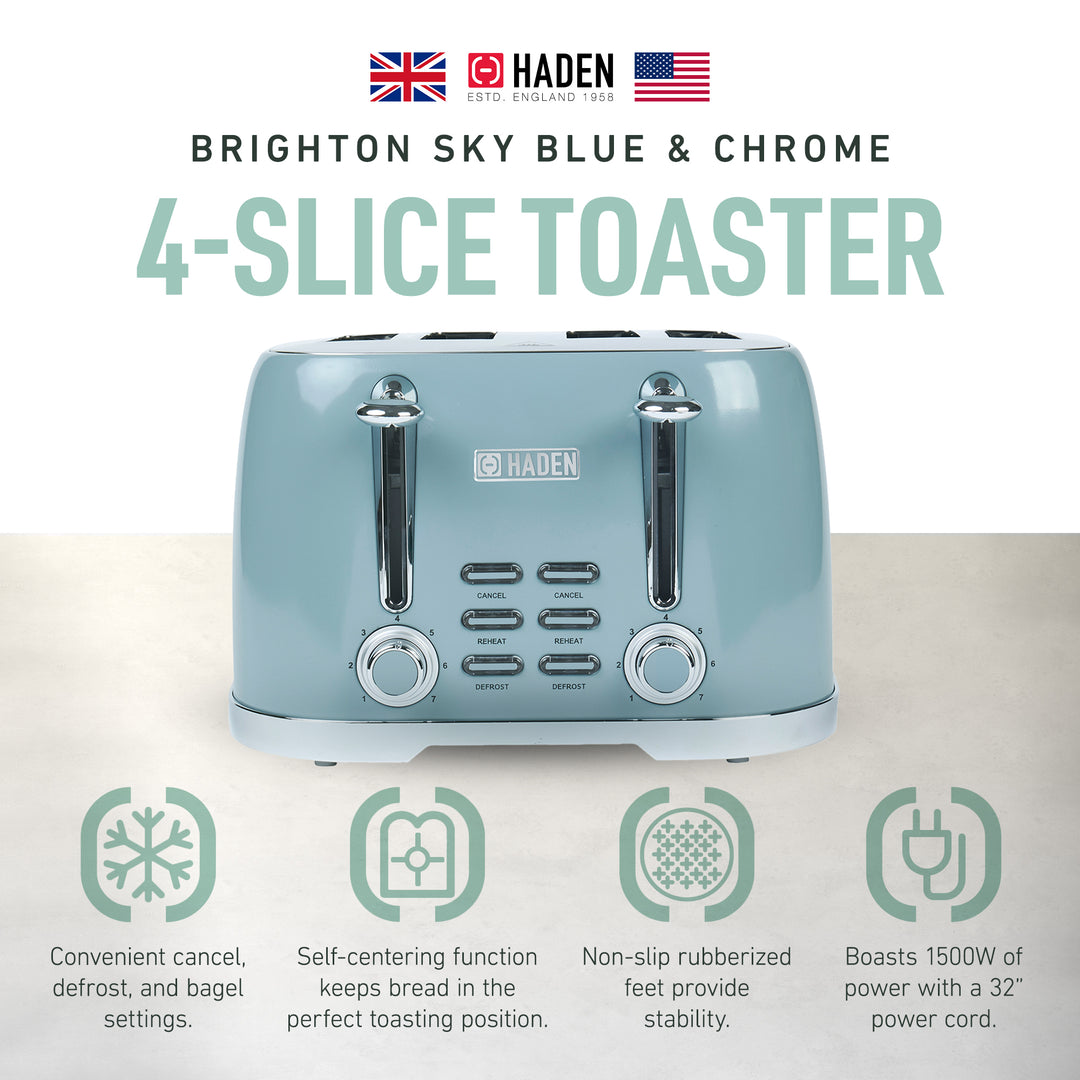 Haden Brighton Stainless Steel 4 Slice Toaster with Extra Wide Slots, Sky Blue