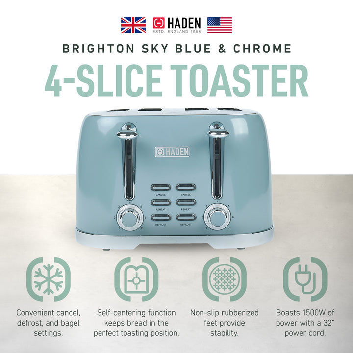 Haden Brighton Stainless Steel 4 Slice Toaster with Extra Wide Slots, Sky Blue