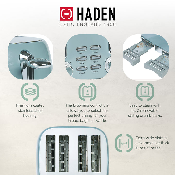 Haden Stainless Steel 4 Slice Toaster with Extra Wide Slots, Sky Blue (Open Box)