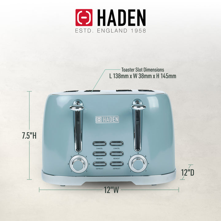 Haden Brighton Stainless Steel 4 Slice Toaster with Extra Wide Slots, Sky Blue