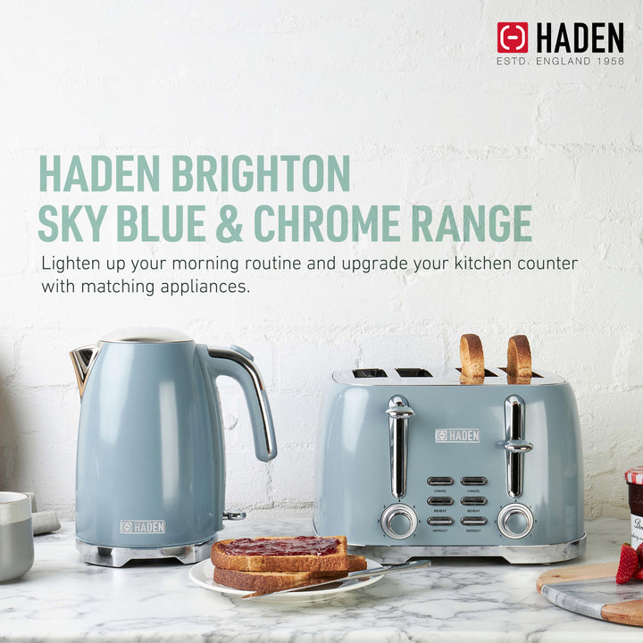 Haden Brighton Stainless Steel 4 Slice Toaster with Extra Wide Slots, Sky Blue