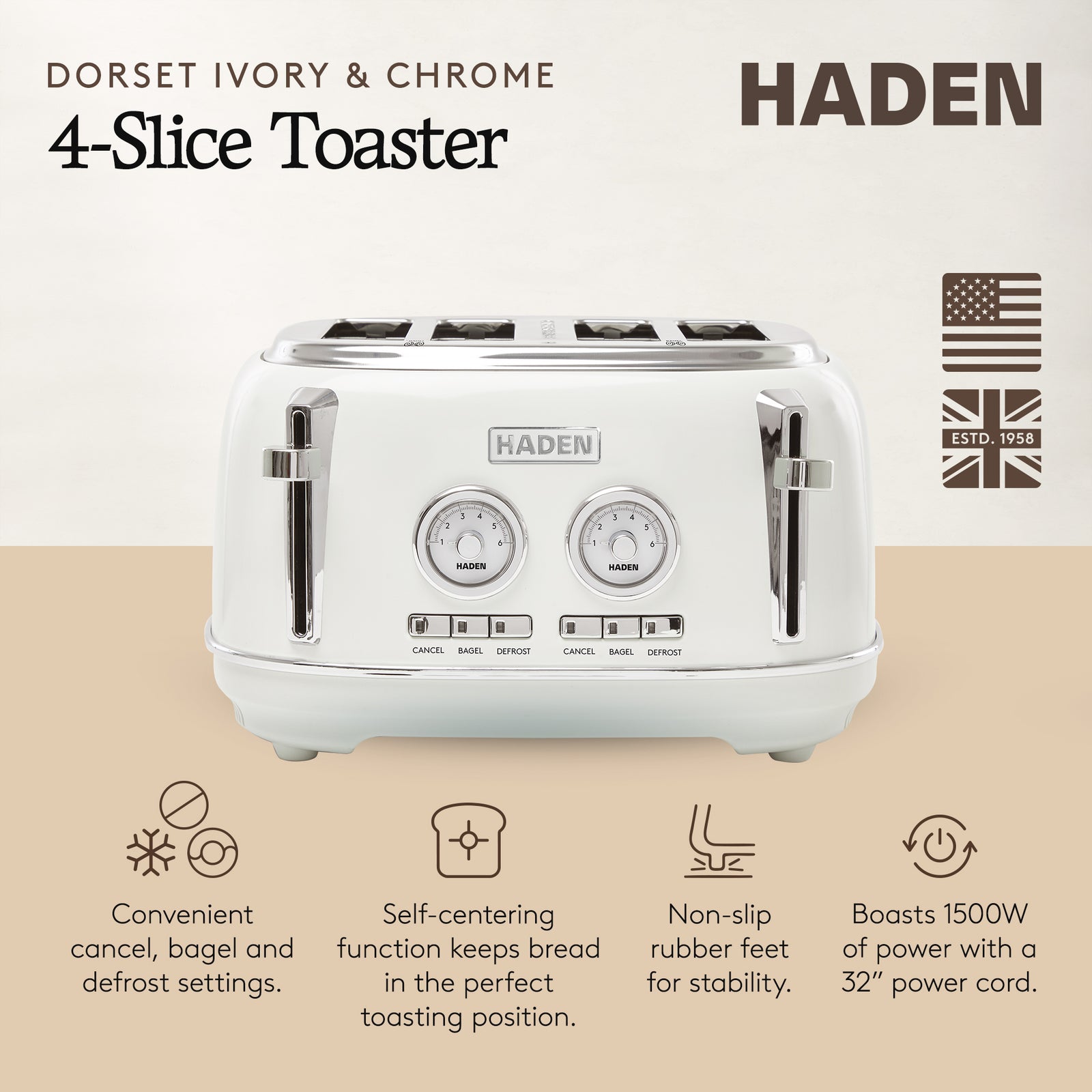 Haden Dorset 4 Slice Wide Slot Stainless Steel Toaster, Ivory & Chrome - VMInnovations