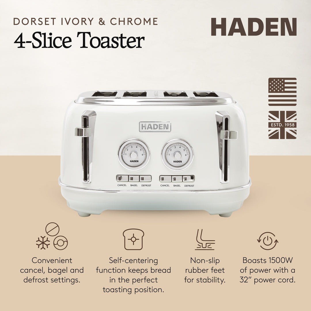 Haden 4 Slice Wide Slot Stainless Steel Toaster, Ivory & Chrome (Open Box)
