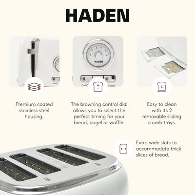 Haden Dorset 4 Slice Wide Slot Stainless Steel Toaster, Ivory & Chrome - VMInnovations