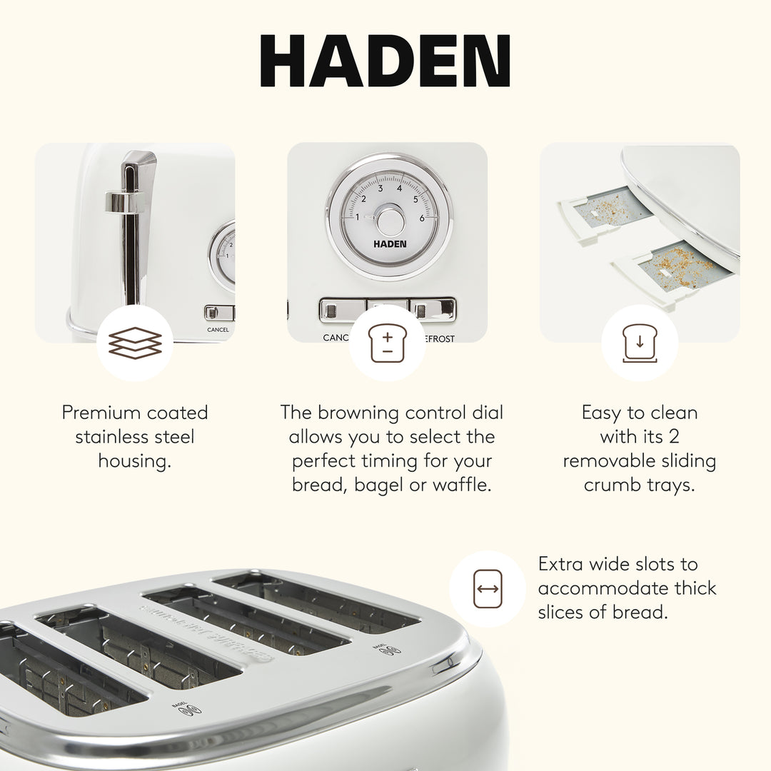 Haden 4 Slice Wide Slot Stainless Steel Toaster, Ivory & Chrome (Open Box)