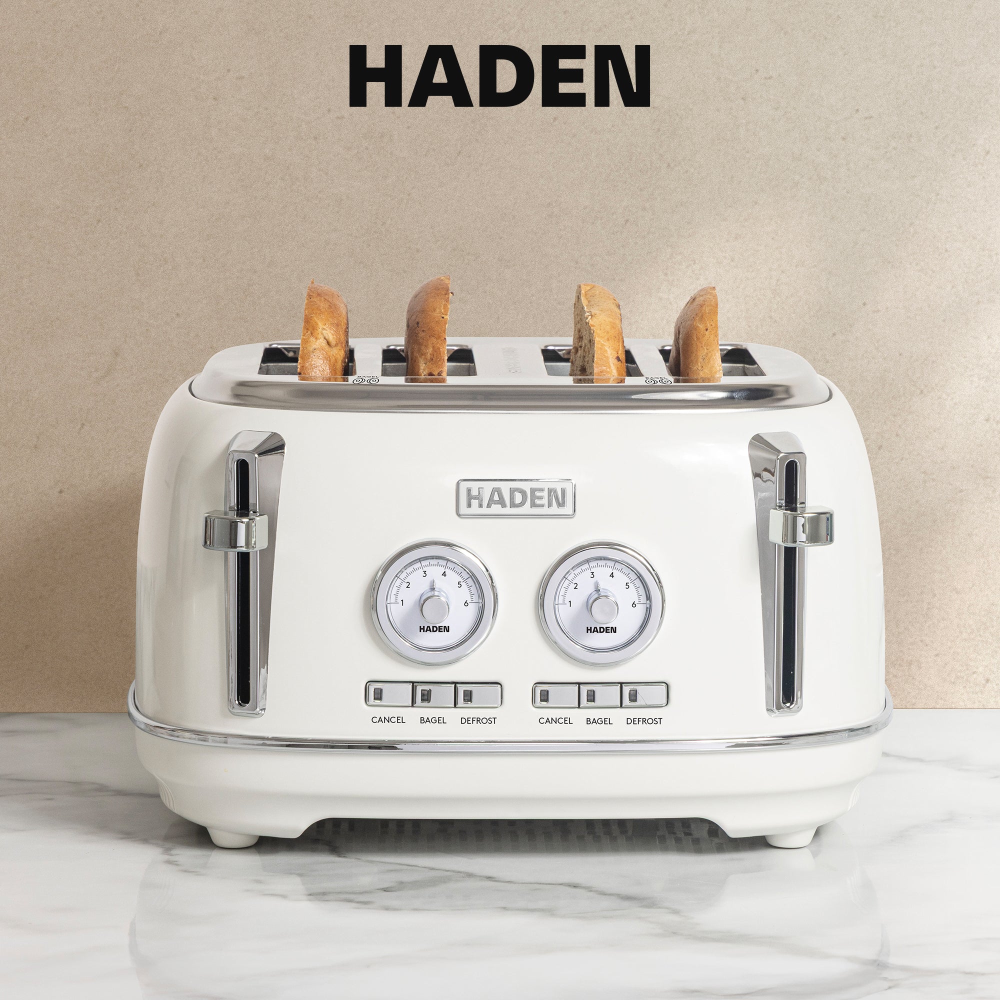 Haden Dorset 4 Slice Wide Slot Stainless Steel Toaster, Ivory & Chrome - VMInnovations