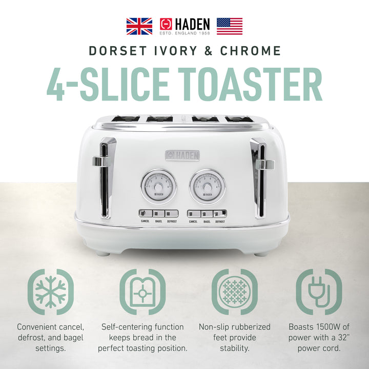 Haden Dorset 4 Slice Wide Slot Stainless Steel Toaster, Ivory & Chrome