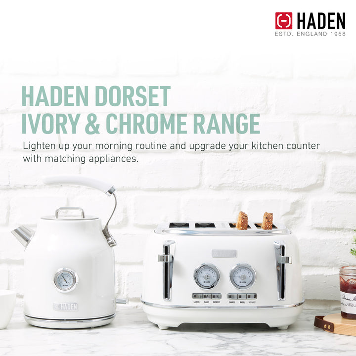 Haden Dorset 4 Slice Wide Slot Stainless Steel Toaster, Ivory & Chrome