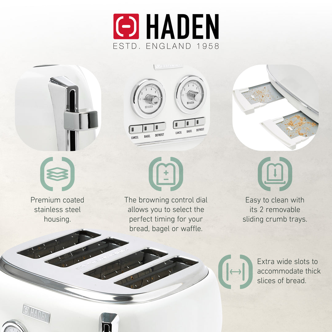 Haden 4 Slice Wide Slot Stainless Steel Toaster, Ivory & Chrome (Open Box)