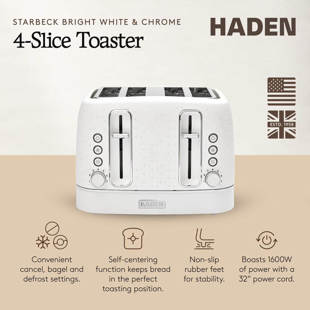 Haden Starbeck 4 Slice Wide Slot Stainless Steel Toaster, Bright White & Chrome - VMInnovations