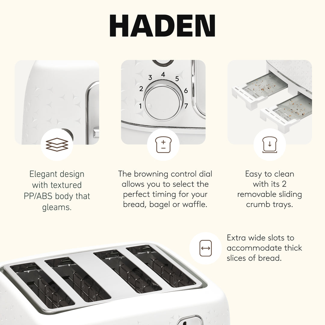 Haden Starbeck 4 Slice Wide Slot Stainless Steel Toaster, Bright White & Chrome - VMInnovations
