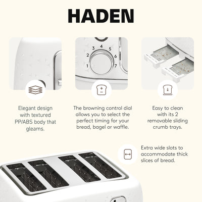 Haden Starbeck 4 Slice Wide Slot Stainless Steel Toaster, Bright White & Chrome - VMInnovations