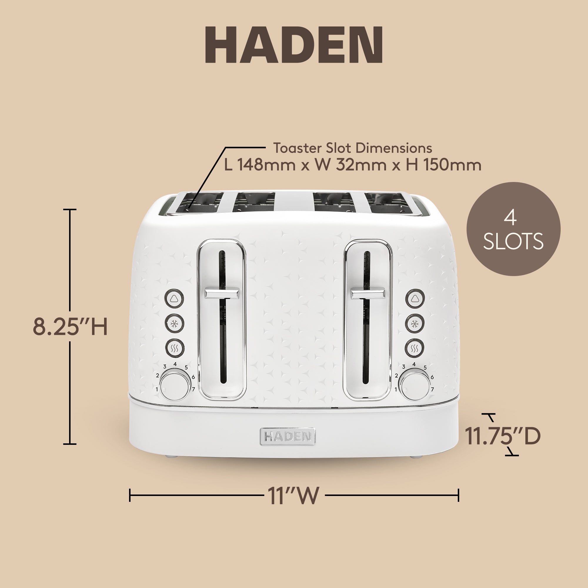 Haden Starbeck 4 Slice Wide Slot Stainless Steel Toaster, Bright White & Chrome - VMInnovations