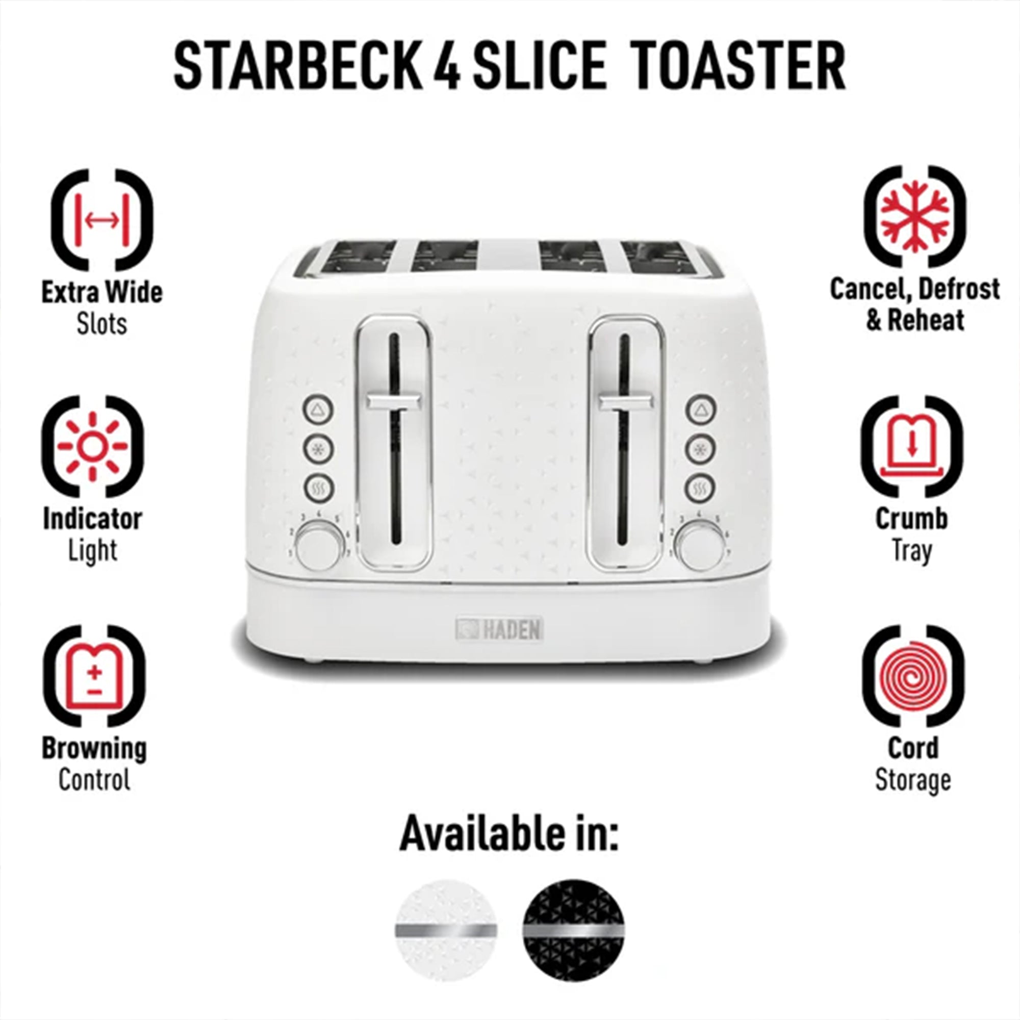 Haden Starbeck 4 Slice Wide Slot Stainless Toaster, White & Chrome (Open Box) - VMInnovations