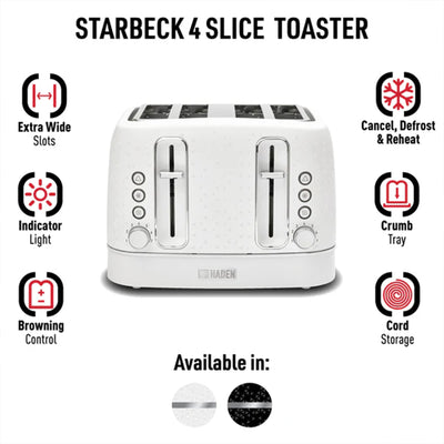 Haden Starbeck 4 Slice Wide Slot Stainless Toaster, White & Chrome (Open Box) - VMInnovations