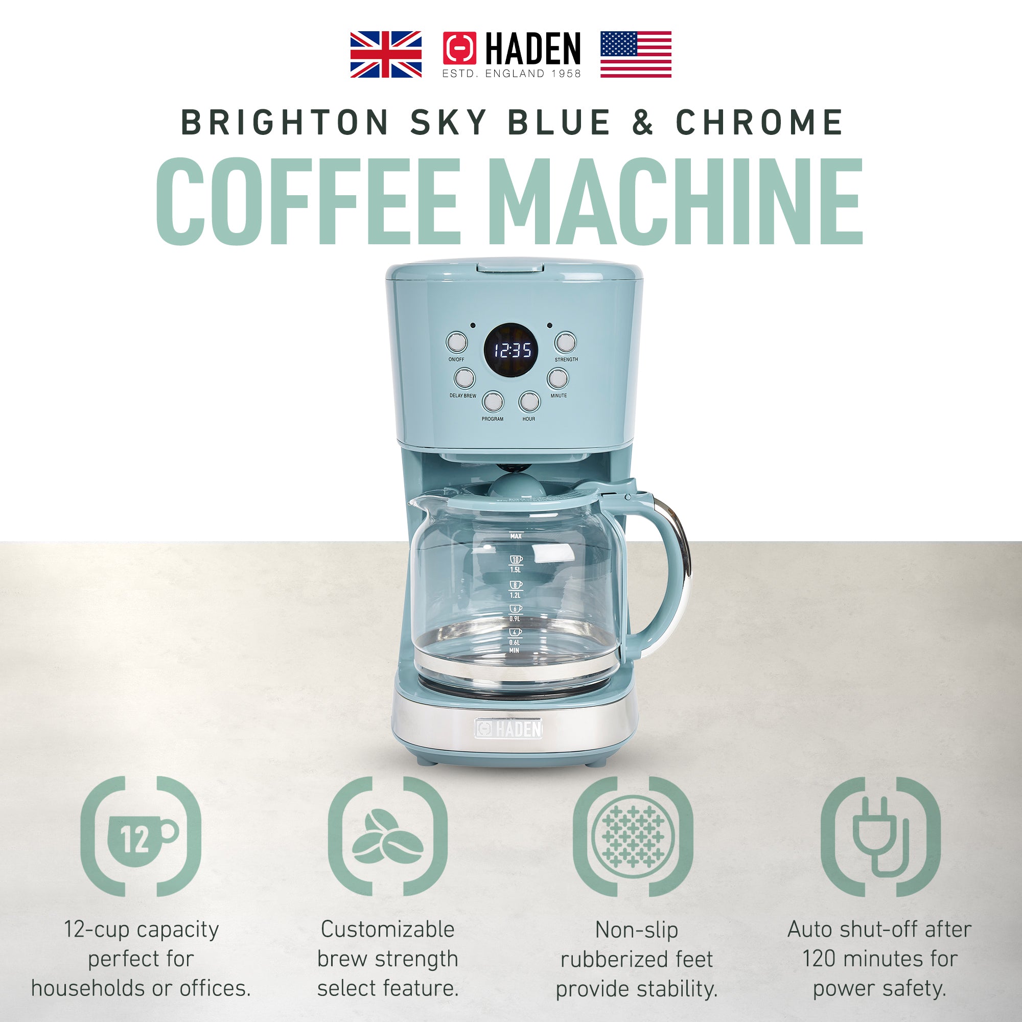 Haden Brighton 12 Cup Sleek Modern Nautical Coffee Maker, Sky Blue (Open Box) - VMInnovations