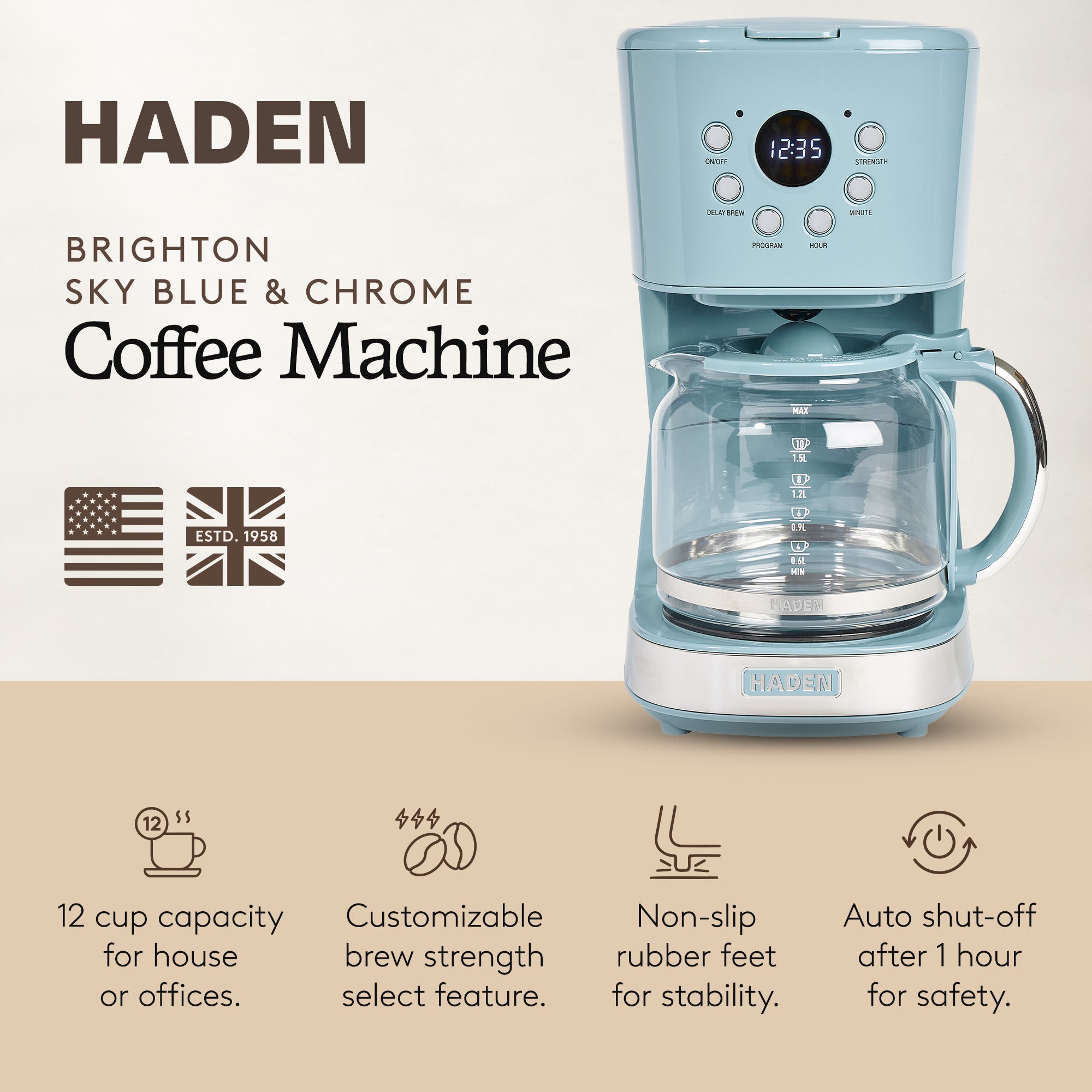 Haden Brighton 12 Cup Sleek Modern Nautical Coffee Maker, Sky Blue (Open Box)