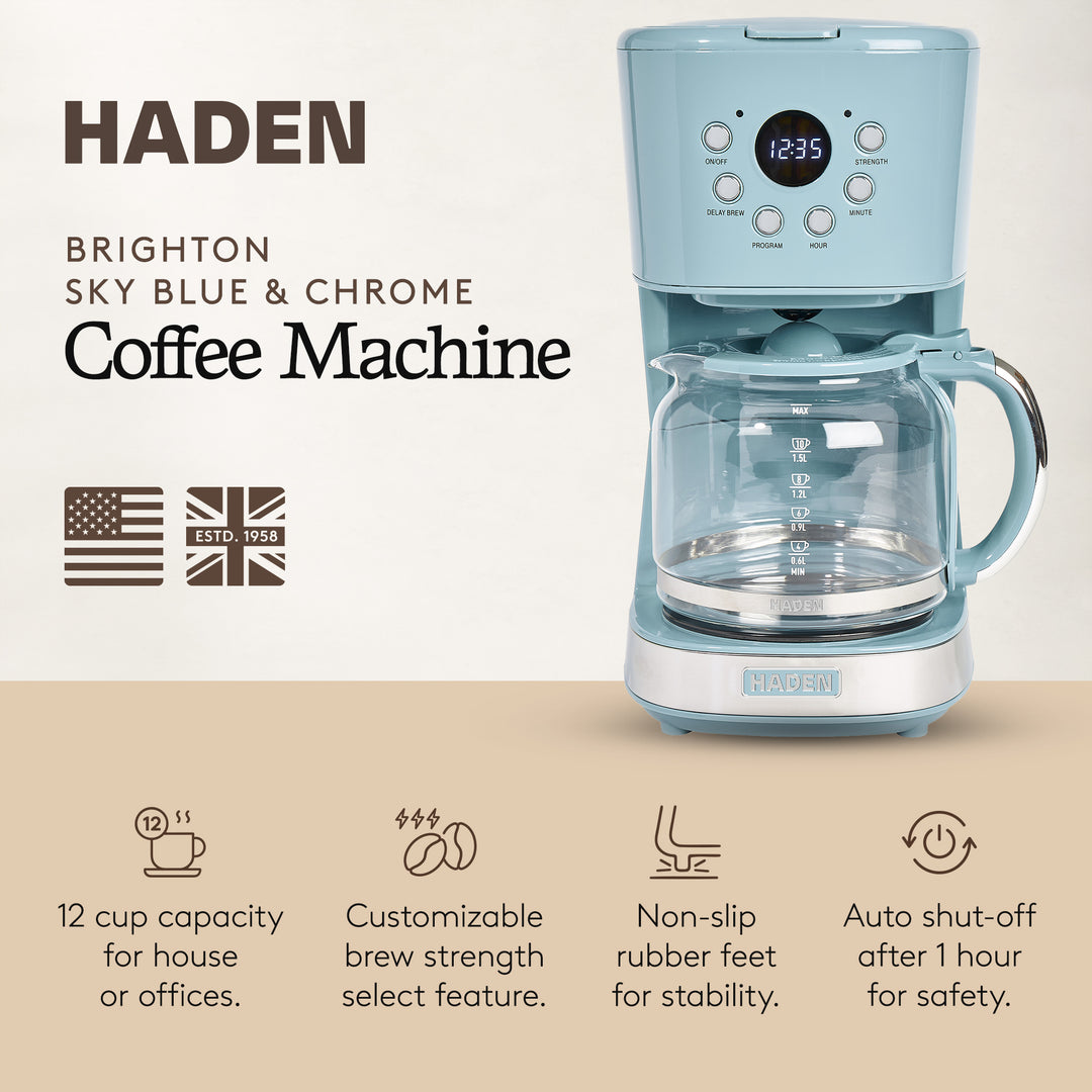 Haden Brighton 12 Cup Programmable Modern Nautical Coffee Maker, Sky Blue (Used)